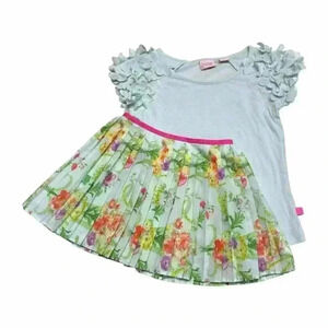 Ted Baker Size 4Y Girl Outfit Pleated Floral Pull On Skirt & Applique Sleeve Top